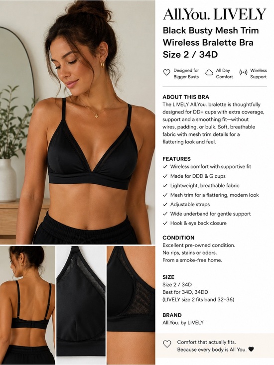 All you lively Other - All.You. LIVELY Black Busty Mesh Trim Wireless Bralette Bra Size 2. 34D